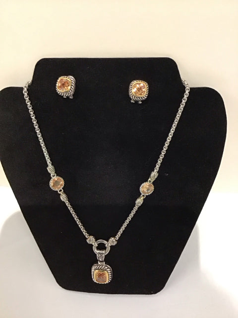 Silver Necklace/Earrings w/Orange Stones