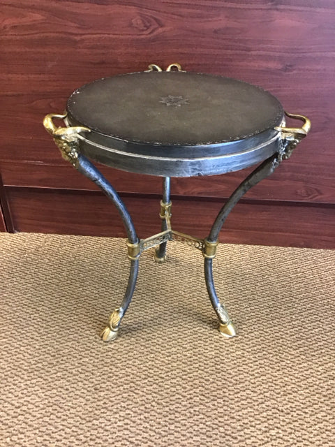 16"x"22" Vintage Round Rams Head Leather Top Metal End Table
