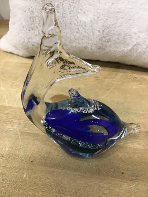 6.5" Murano Blue & Clear Glass Whale Figure