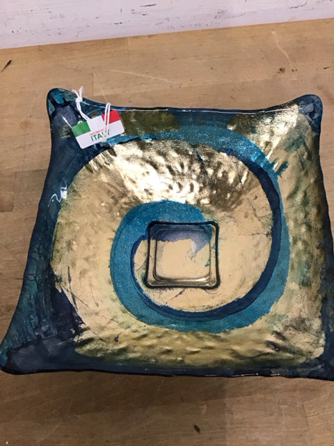 8" Il Quadrifoglio Gold Blue Green Art Glass Bowl