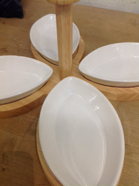 16" Wood 4 Section White Ceramic Serving Bowls