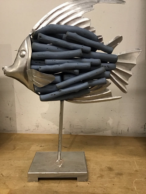 16"x12" Silver Metal & Blue Driftwood Fish Sculpture