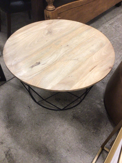 33" Round Light Wood Top Metal Base Coffee Table