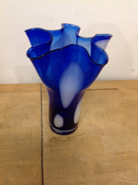 Vase- 8" Blue & White Art Glass