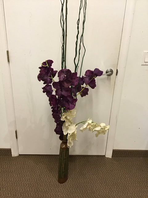 65" Faux Purple & White Orchid  Florals W/Wicker Vase