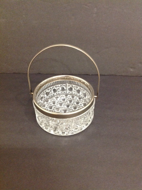 Vtg Pressed Glass Bowl w/Metal Handle & Rim