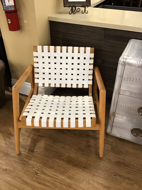 White Woven Leather & Wood Accent Chair