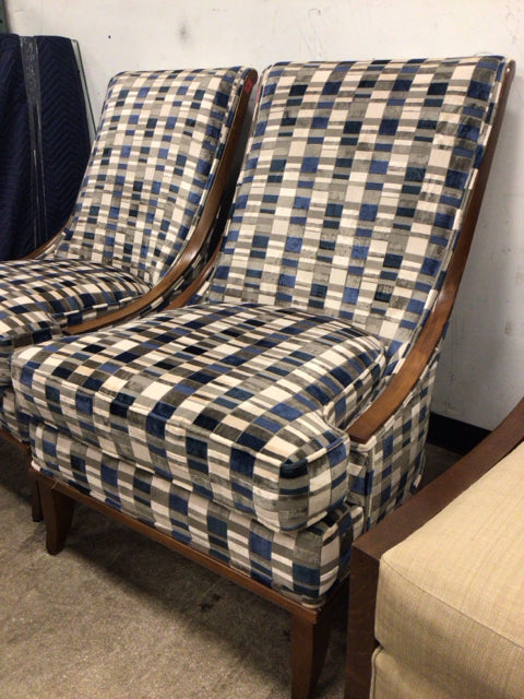 Drexel Heritage Blue& Grey Fabric Wood Slope Arm Slipper Chair