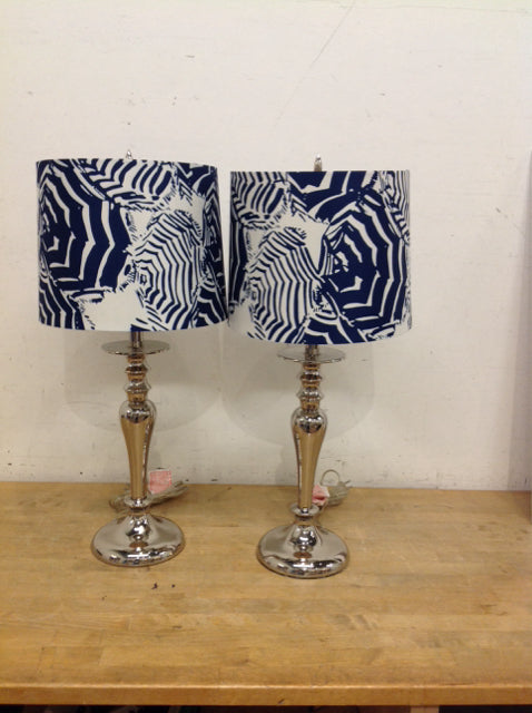 25" Pair Silver Metal/Cobalt Lamps w/Shades