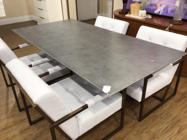 As-IS Arhaus Silver Hammered Top Metal Dining Table(Marks/Scratches On Top)