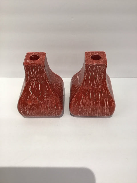Pair 7" Red/White Crackle Wood Candle Holders