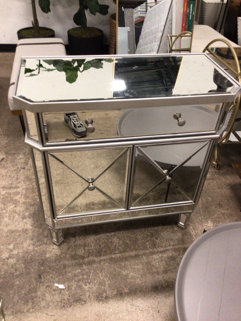 AS-IS 32" X 16" Mirrored One Drawer/Two Door Nightstand(Ring Mark/Mark On Top)