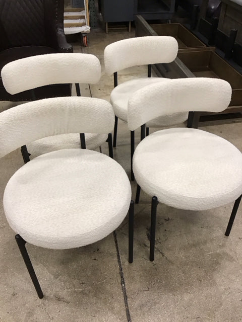 Set/4 White Boucle w/Black Metal Dining Chairs