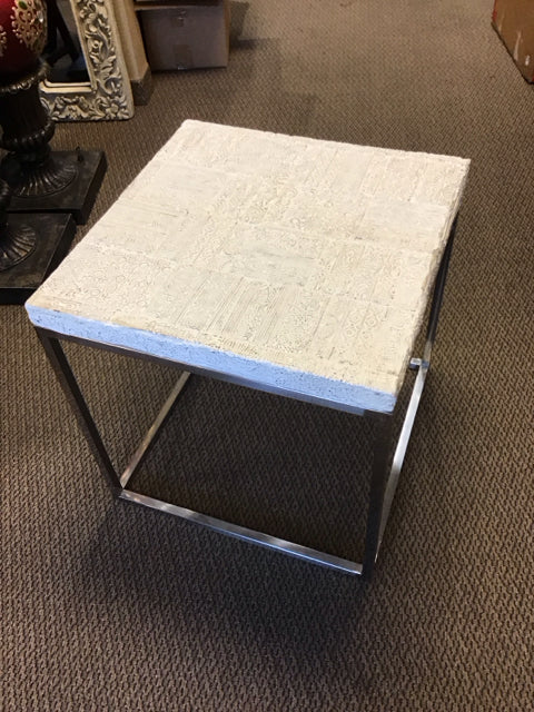 22" Square White Carved Wood Top Chrome Base End Table