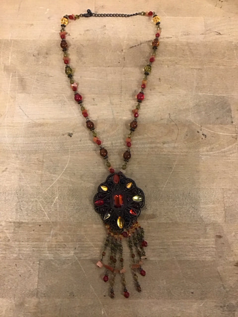 Beaded Pendant Studded Red & Amber Necklace