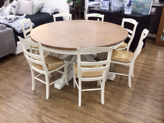 63" PB Hart Round Reclaimed Wood Extending Dining Table W/7 Chairs