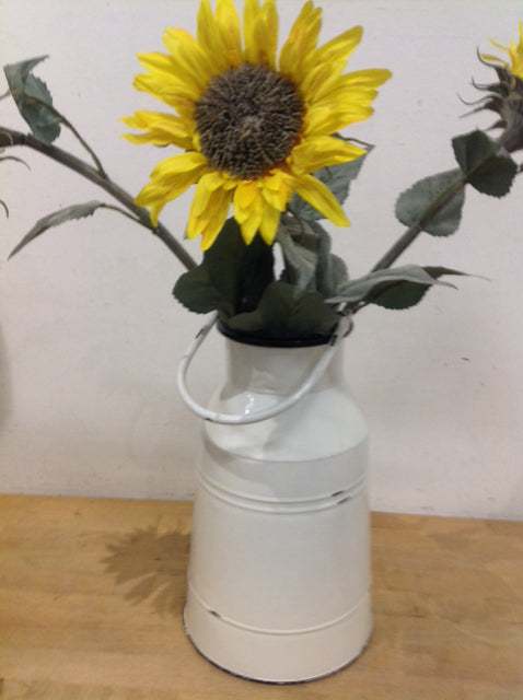 13" White Metal Jug W Sunflowers