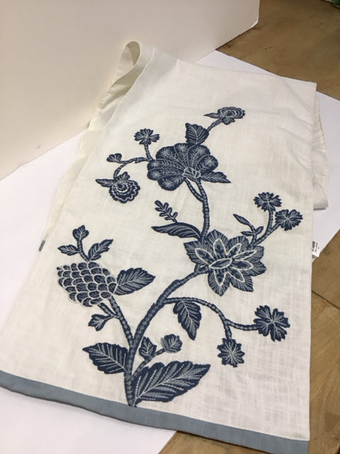 White Table Runner w/Blue Floral Embroidery