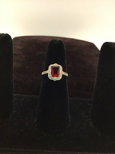 Silver Ring w/ Red Emerald Cut Stone