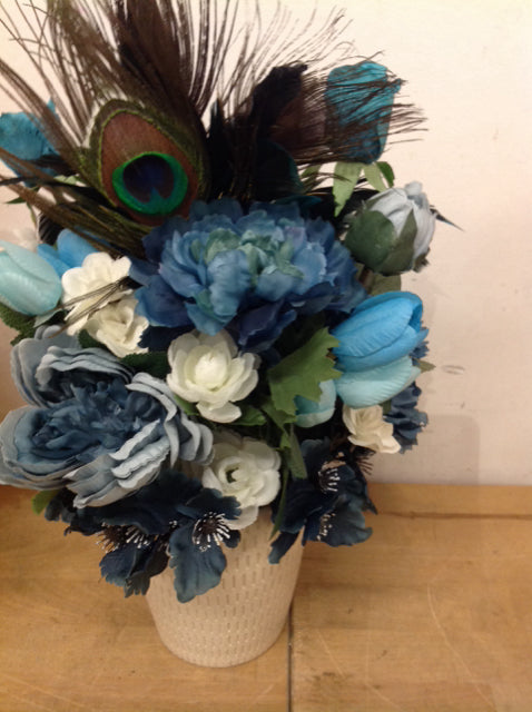 16" Mixed Blue Florals In White Vase