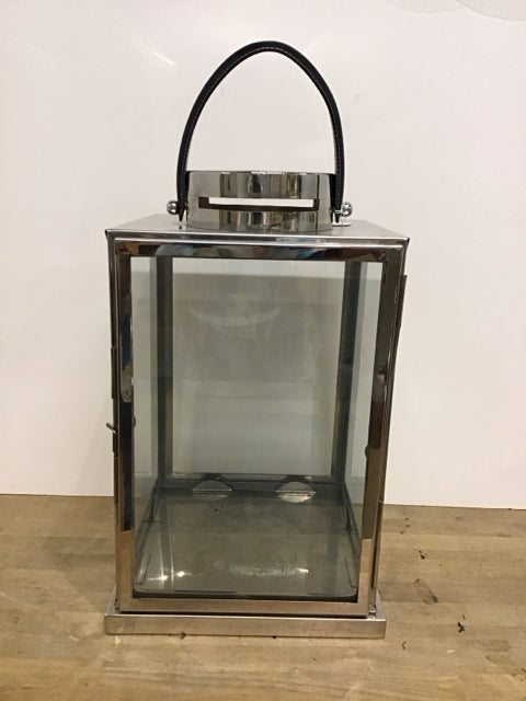 Large Glass/Metal Lantern w/Leather Strap