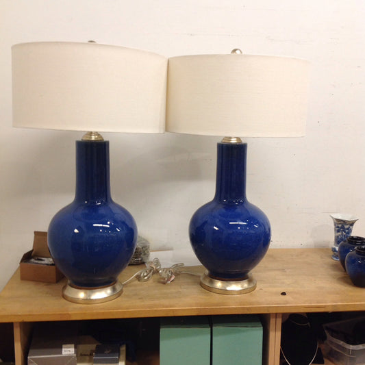 Pair John Richard Blue Glazed Gourd Ceramic Lamps w/Shades
