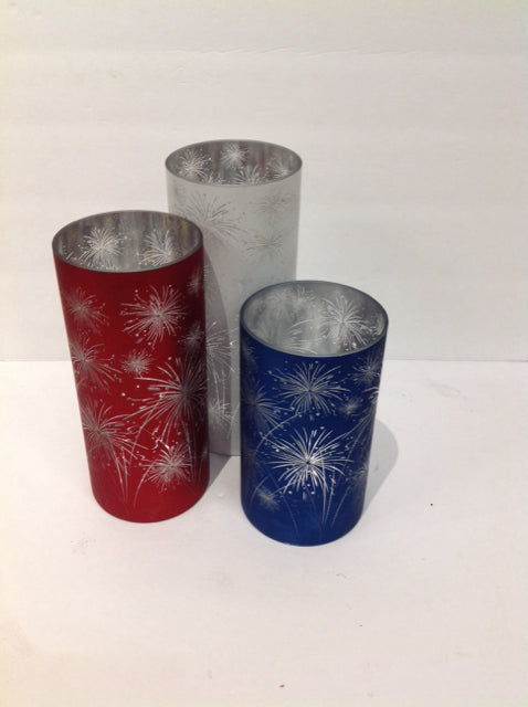 Set/3 Red, White & Blue Hurricane Glass Candle Holders