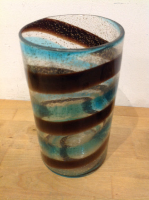 Vase- 9" Blue & Brown Glass