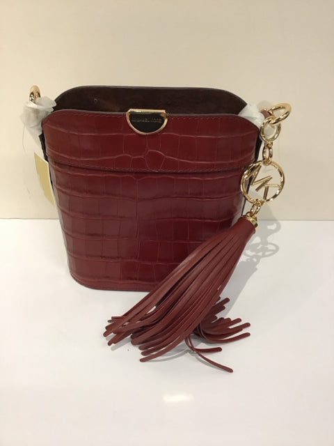 MK Dk Red Leather X-Body Bucket Purse