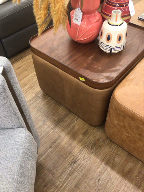 Square Wood & Leather Ottoman W/Wood Tray Top
