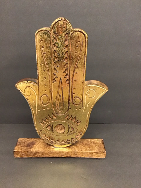 12" Wood/Gilt Hasma Hand Eye on Stand