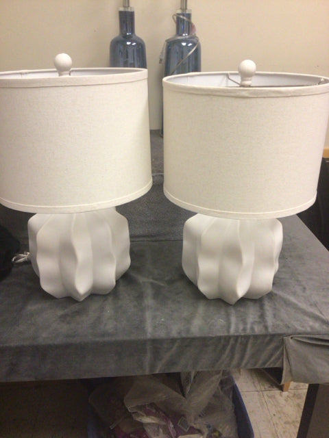 Pair Of White Ceramic Geometric Table Lamps W/Shades