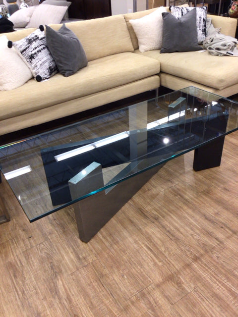 Metal/Wood Base Glass Top Coffee Table