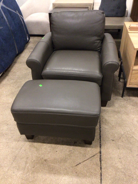 Macys Grey Leather Chair & Ottoman
