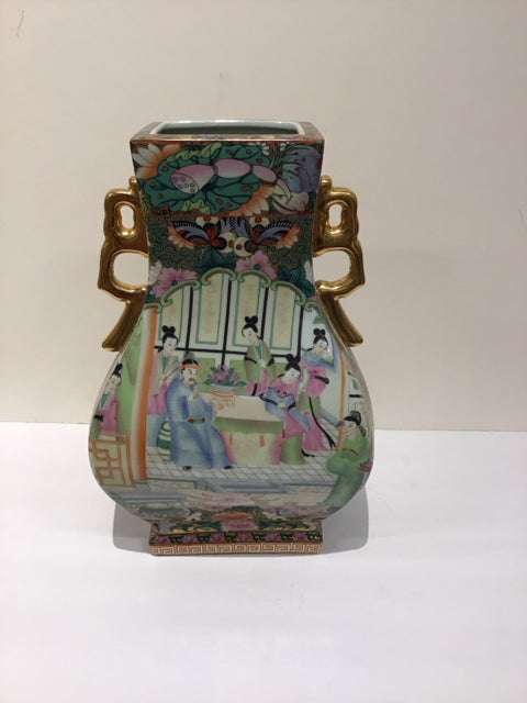 14.5" White Asian Painted Vase w/Gold Handles