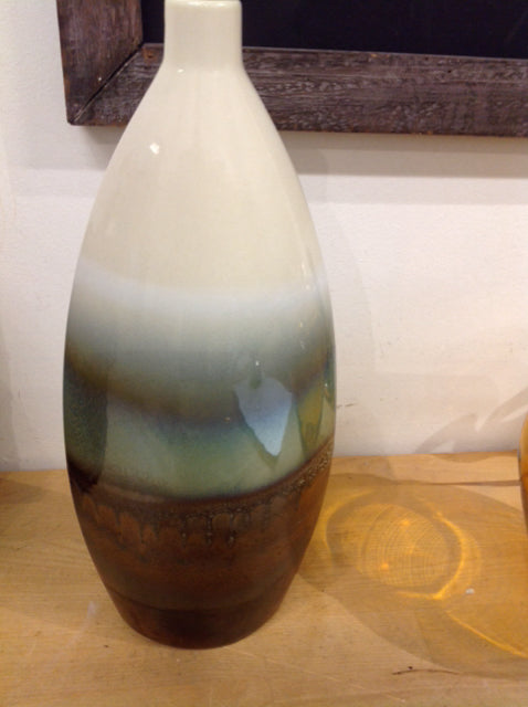 Vase- 14" Green & Brown Ceramic