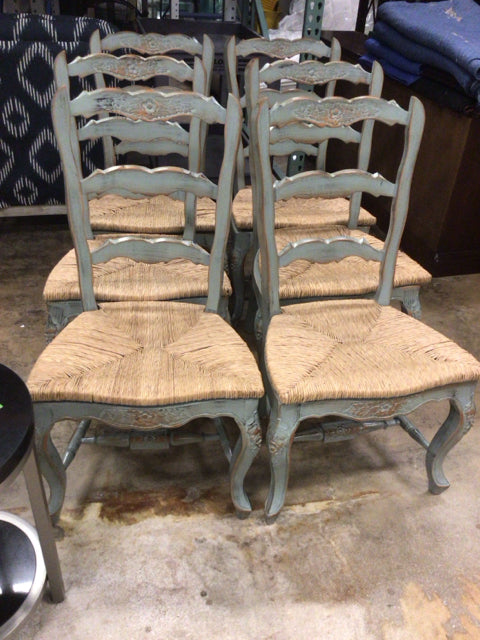AS-IS Set Of 6 Green Distressed Wood & Woven Seat Dining Chairs