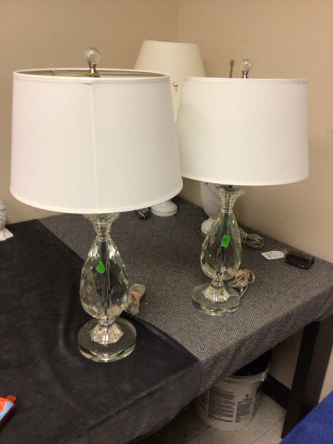 AS-IS Pair Of Crystal Cut Table Lamps W/Shades(Chip In Base)