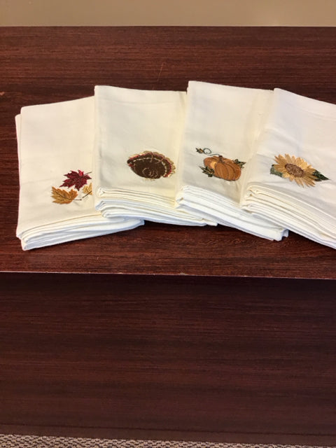 Set Of 8 Linen Embroidered Fall Napkins