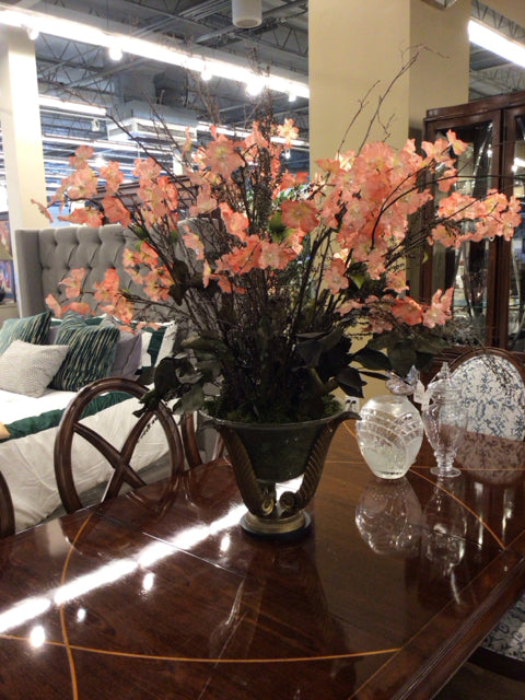 Large Pink Floral Glass/Brass Urn