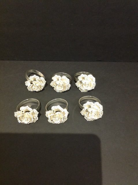 Set/6 Silver Metal Rose Napkin Holders w/Crystals