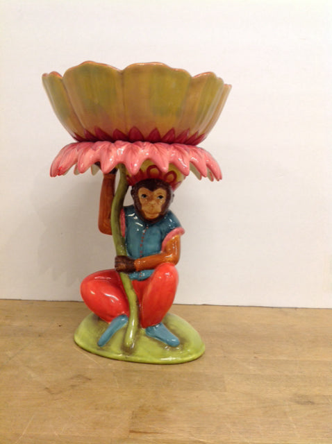 13" Ceramic Painted Monkey Candle Holder