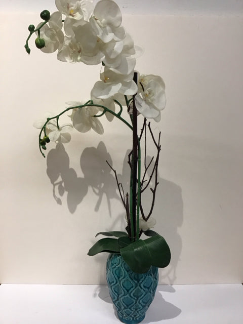 30" Faux Orchids in Blue Ceramic Planter