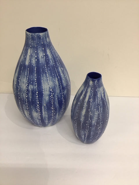 Set/2 12",9" MOS Blue/White Art Glass Vases