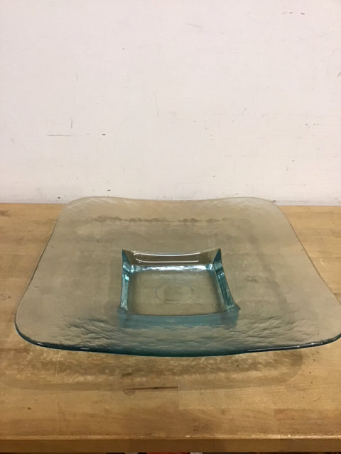 17.5" Footed Green Glass Square Bowl