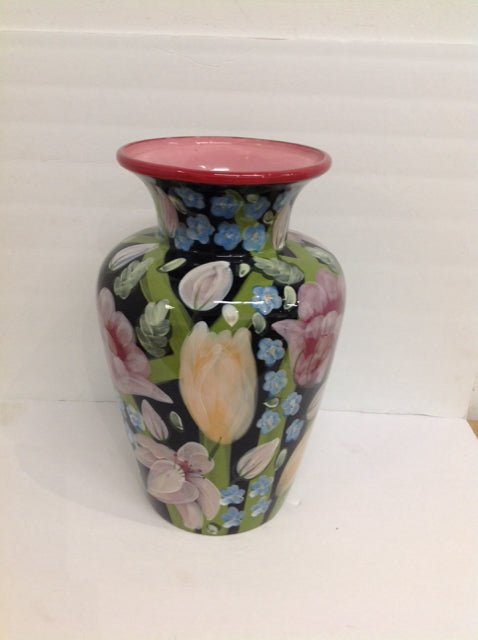 16" Enamel Ceramic Vase w/Floral Decor