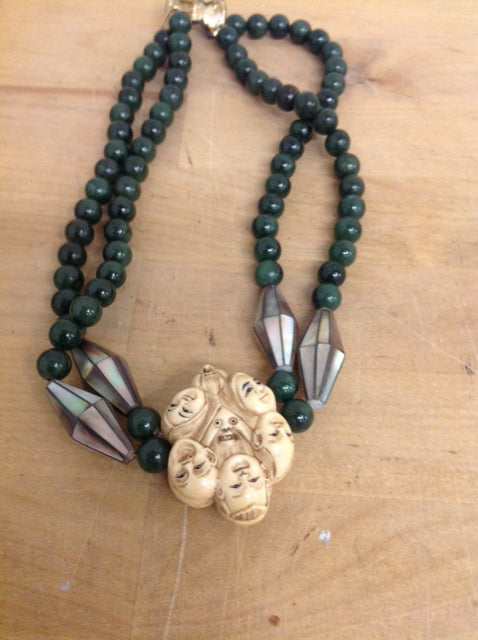 Necklace- Vintage Green Beaded Asian Bone Pendent