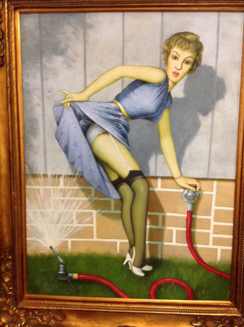 46" X 60" Signed Woman In Dress W Sprinkler