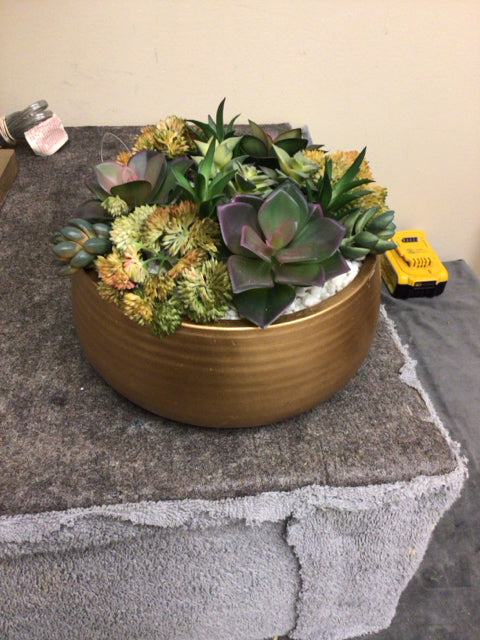 Faux Succulent Arrangement In Gold Bowl