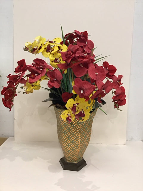 Red/Yellow Orchids w/Green Bronze Color Vase